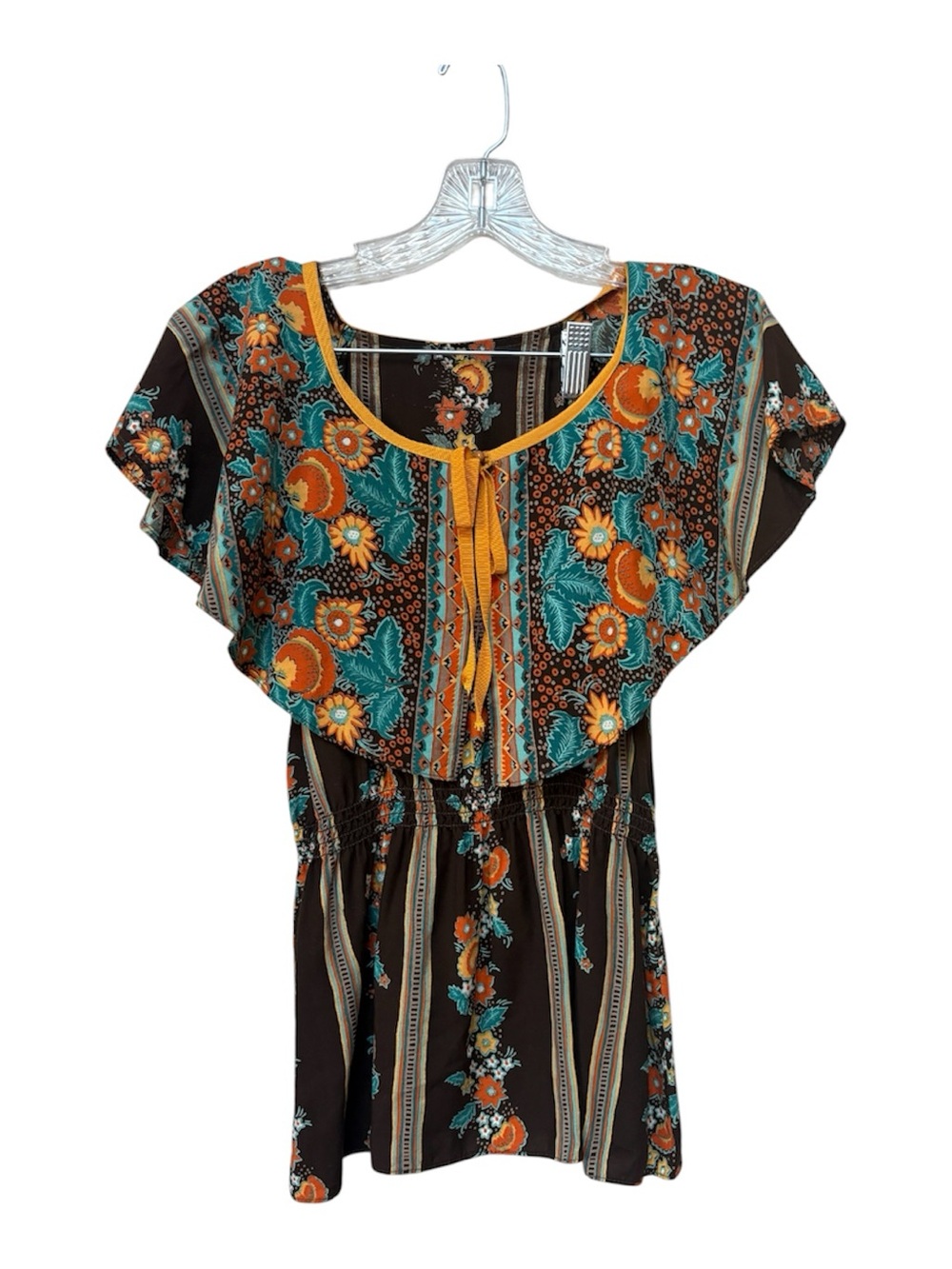 Vintage Handmade 70s Boho Floral Cape Sleeve Smocked Tunic Top